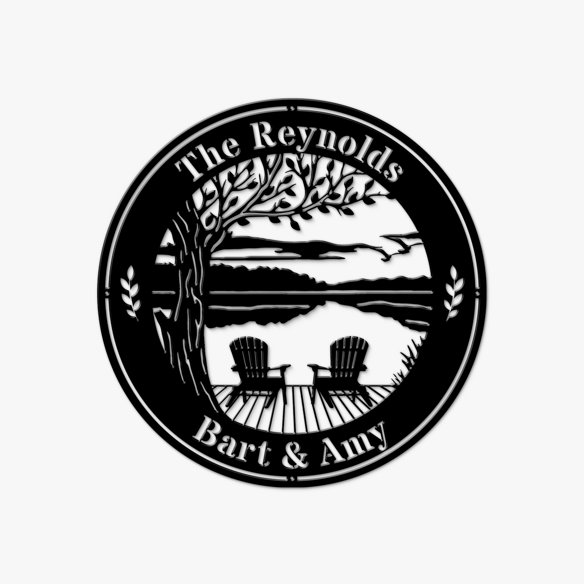 Circular design with 'The Reynolds' text and two Adirondack chairs, on a white background.