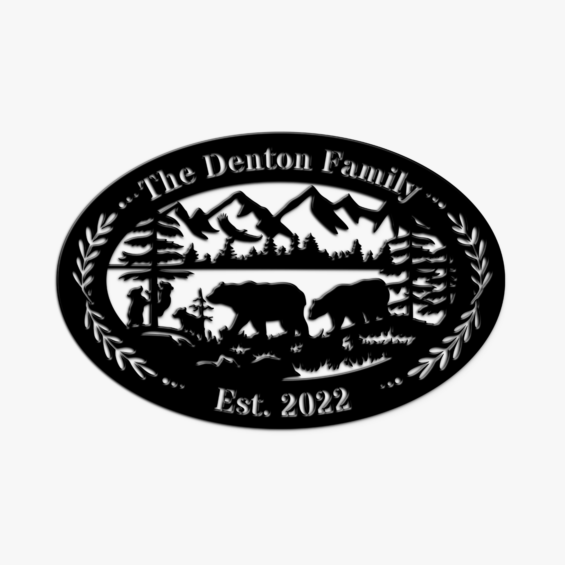 Decorative metal plate with bear design and text 'The Denton Family Est. 2022' on a white background