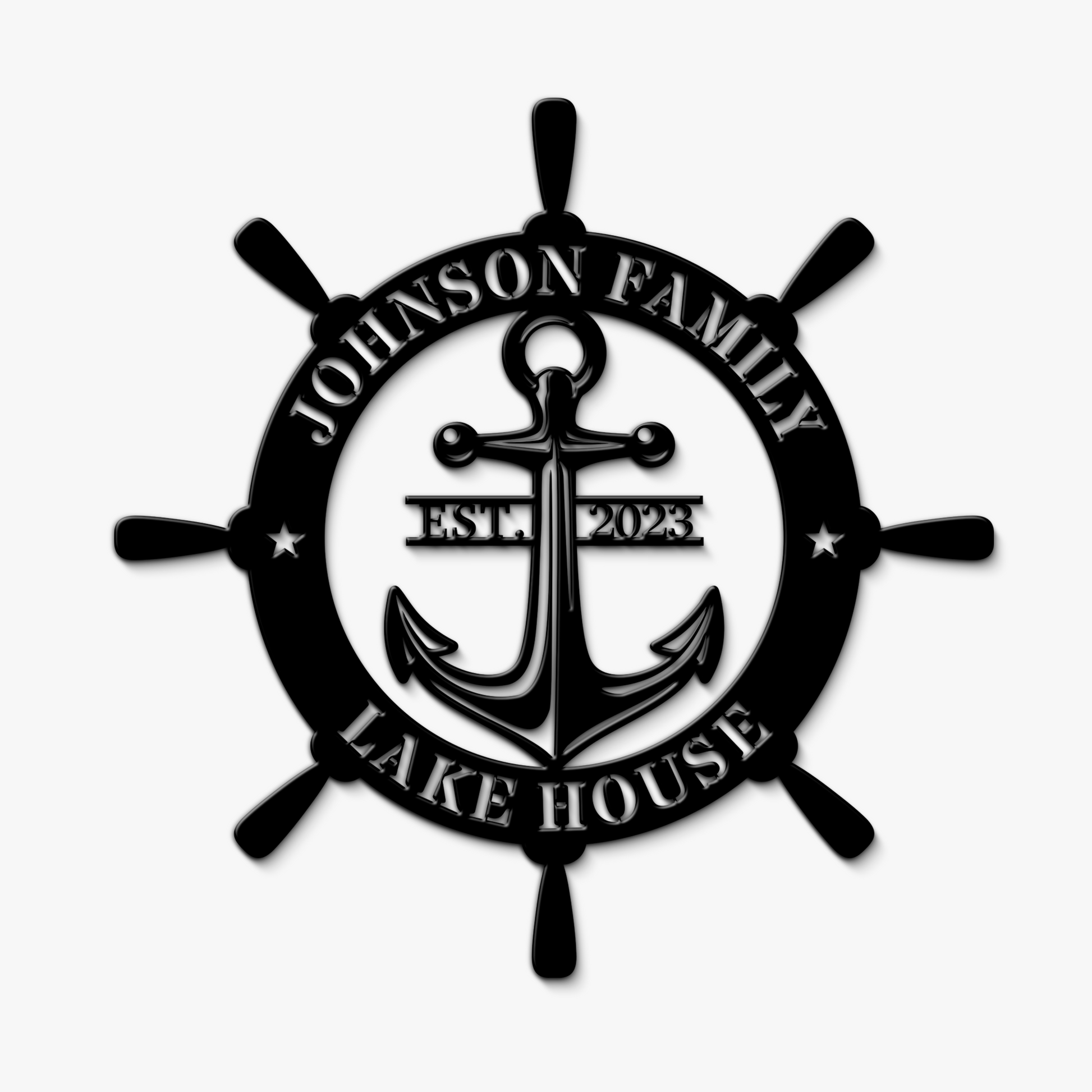 Decorative metal sign with anchor and ship's wheel design, featuring 'Family Lake House' text.