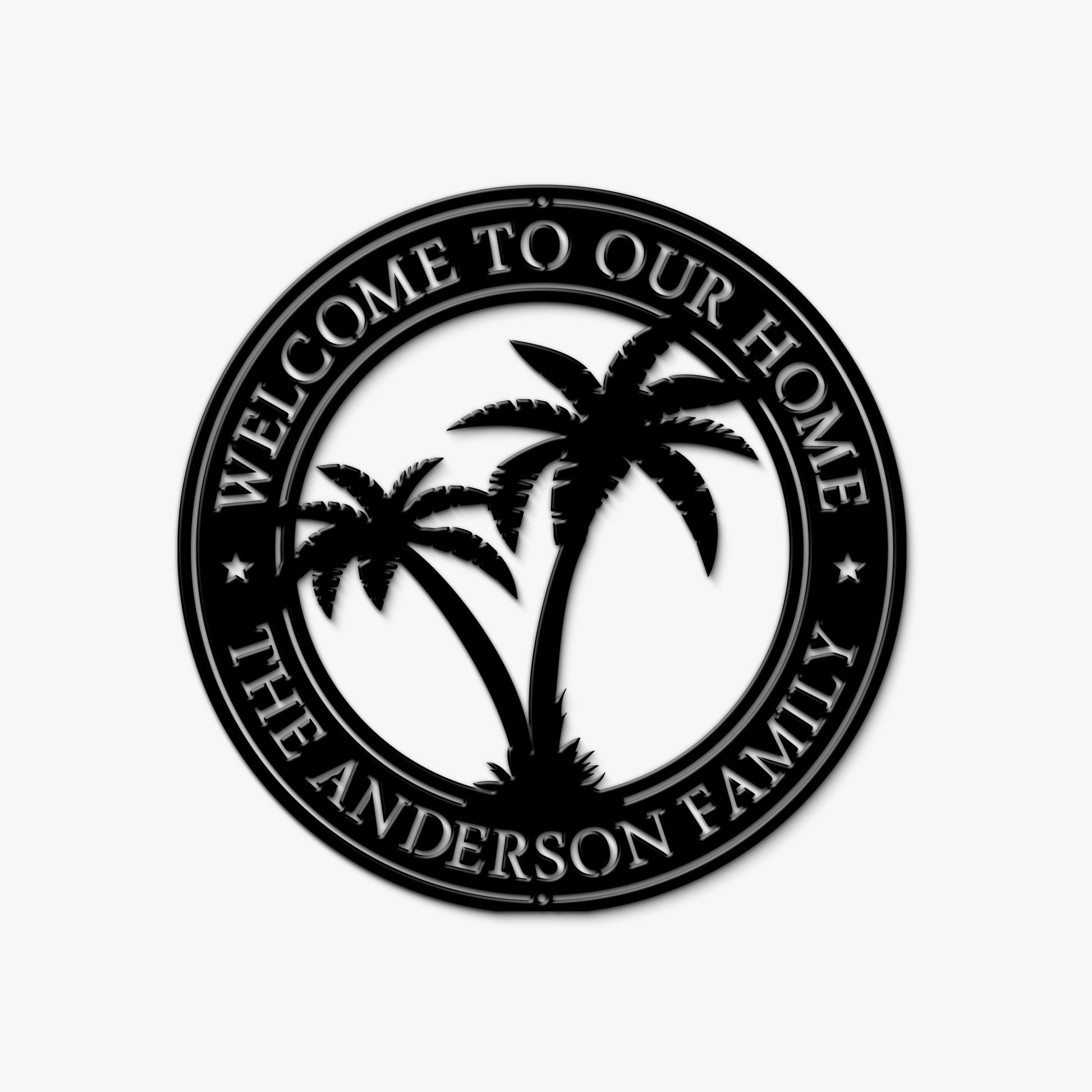 Decorative sign with palm trees and text 'Welcome to our home The Anderson Family' on a white background