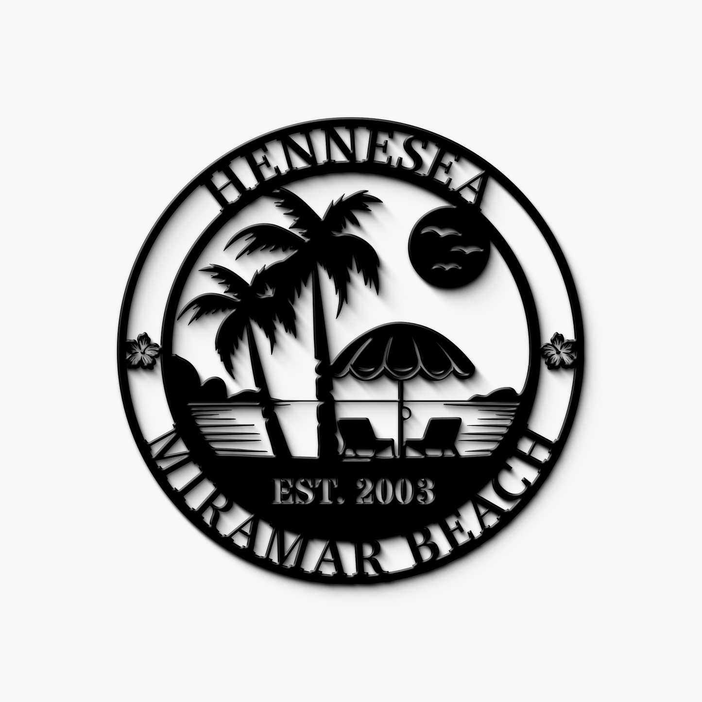 Decorative metal sign with palm trees, lounge chairs, and umbrella design on a white background.