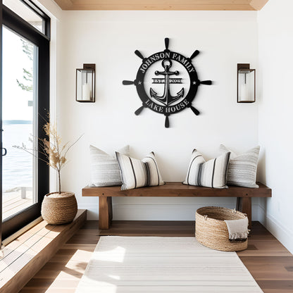 Nautical-themed wall decor with an anchor and steering wheel design in a modern interior setting.
