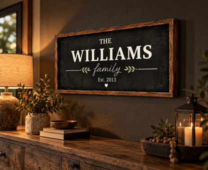 Personalized Family Name Canvas Wall Art – Rustic Wood Frame Design