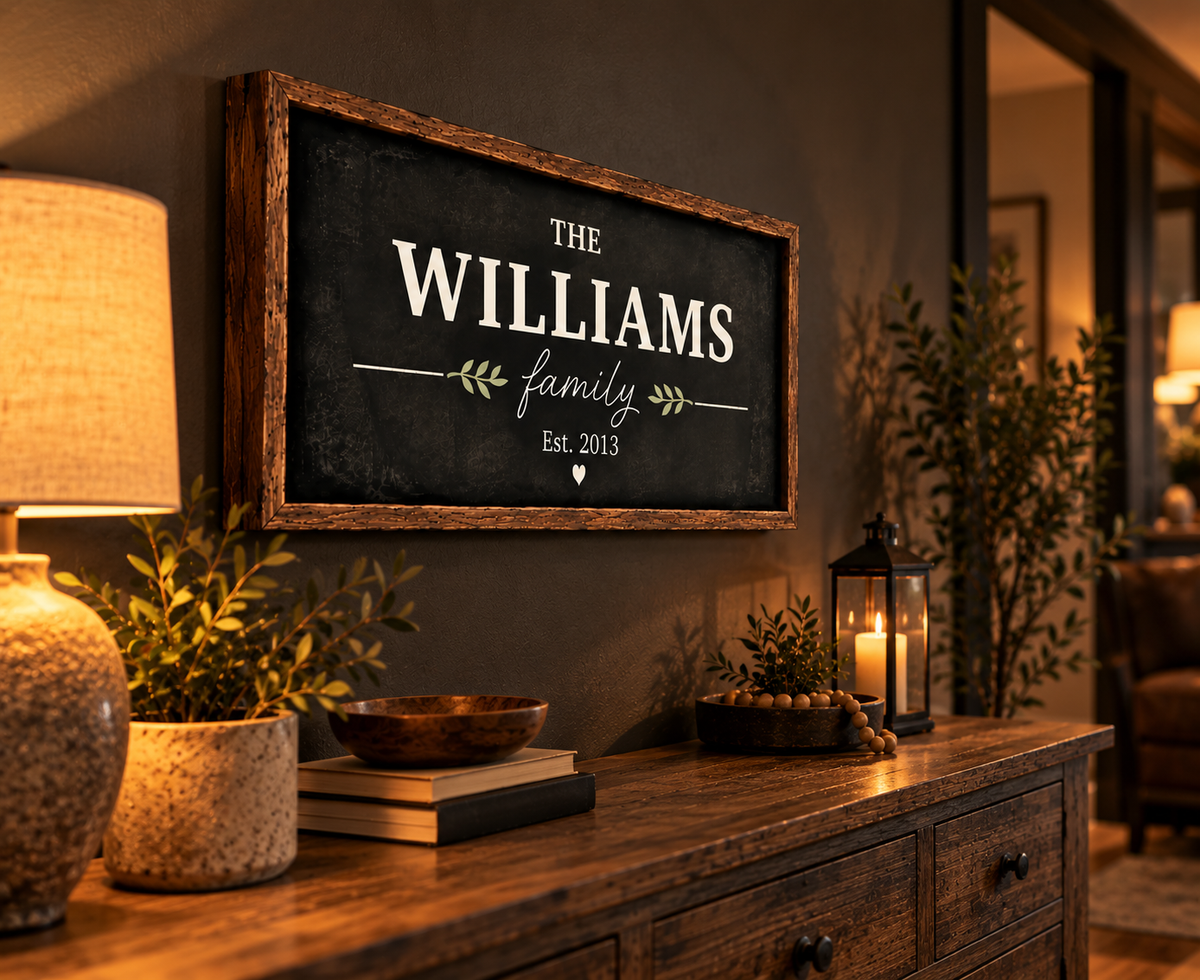 Personalized Family Name Canvas Wall Art – Rustic Wood Frame Design