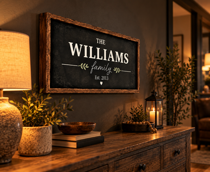 Personalized Family Name Canvas Wall Art – Rustic Wood Frame Design
