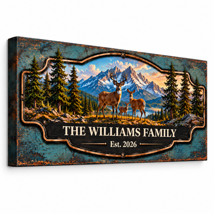 Personalized Deer Family Canvas Print | Custom Rustic Mountain Wall Art