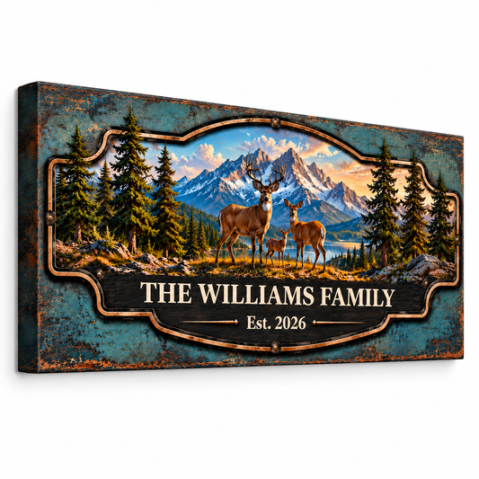 Personalized Deer Family Canvas Print | Custom Rustic Mountain Wall Art