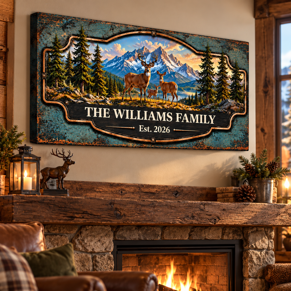Personalized Deer Family Canvas Print | Custom Rustic Mountain Wall Art