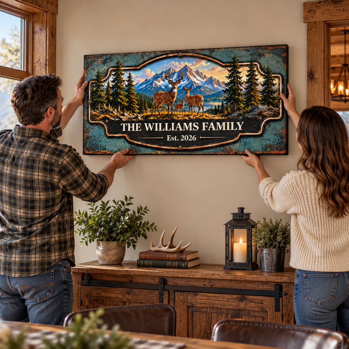 Personalized Deer Family Canvas Print | Custom Rustic Mountain Wall Art