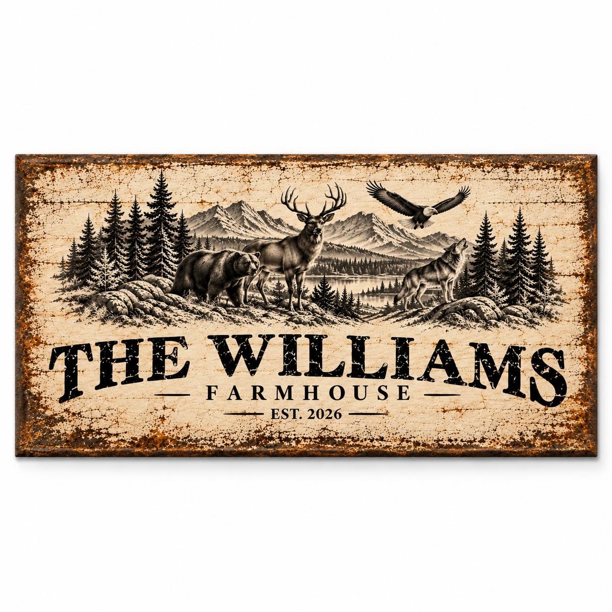 Personalized Wildlife Farmhouse Canvas – Custom Family Name Rustic Wall Art