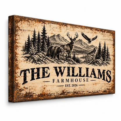 Personalized Wildlife Farmhouse Canvas – Custom Family Name Rustic Wall Art