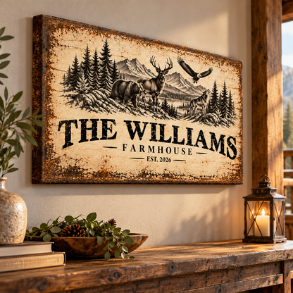 Personalized Wildlife Farmhouse Canvas – Custom Family Name Rustic Wall Art