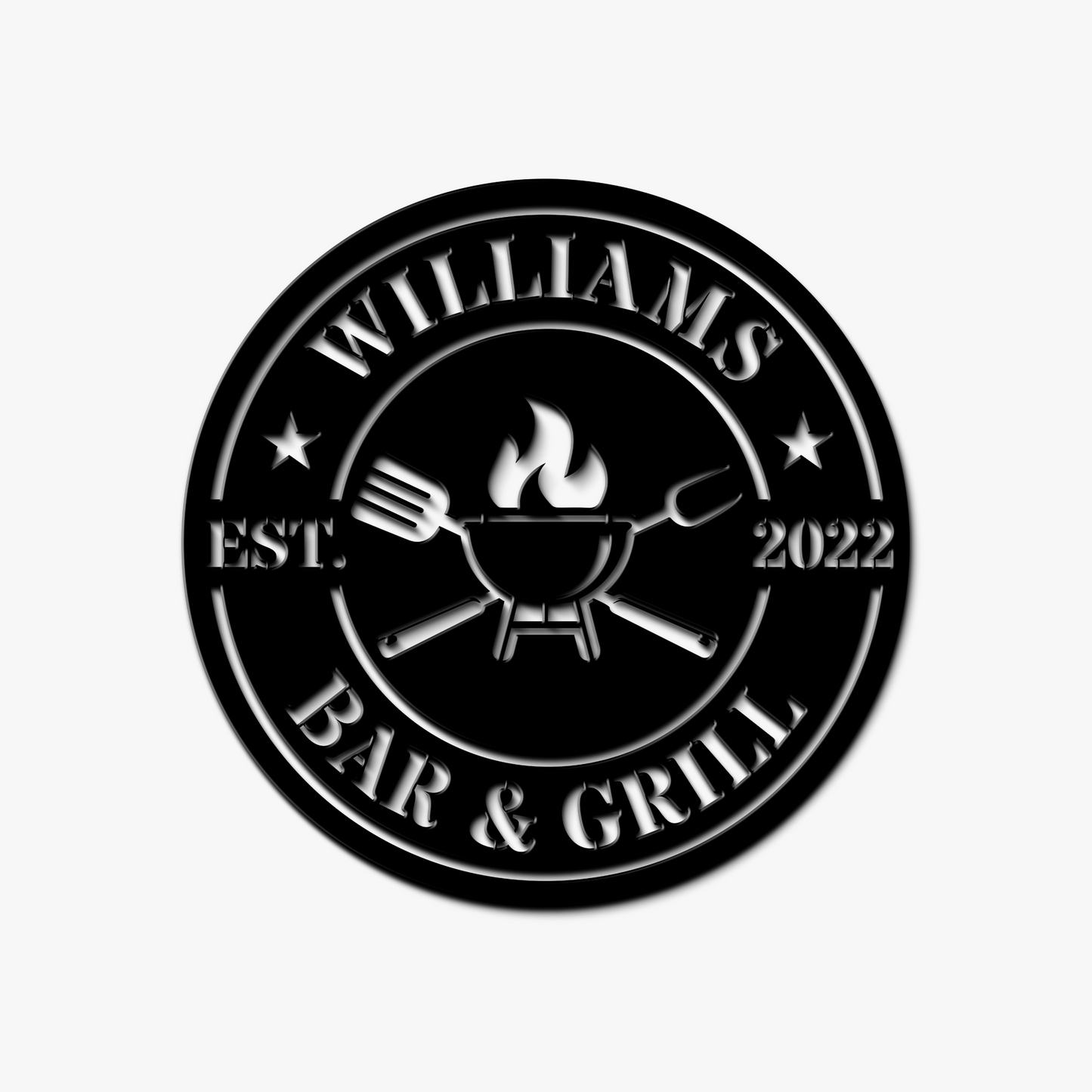 Circular logo for Williams Bar & Grill with grill and fork design on a white background