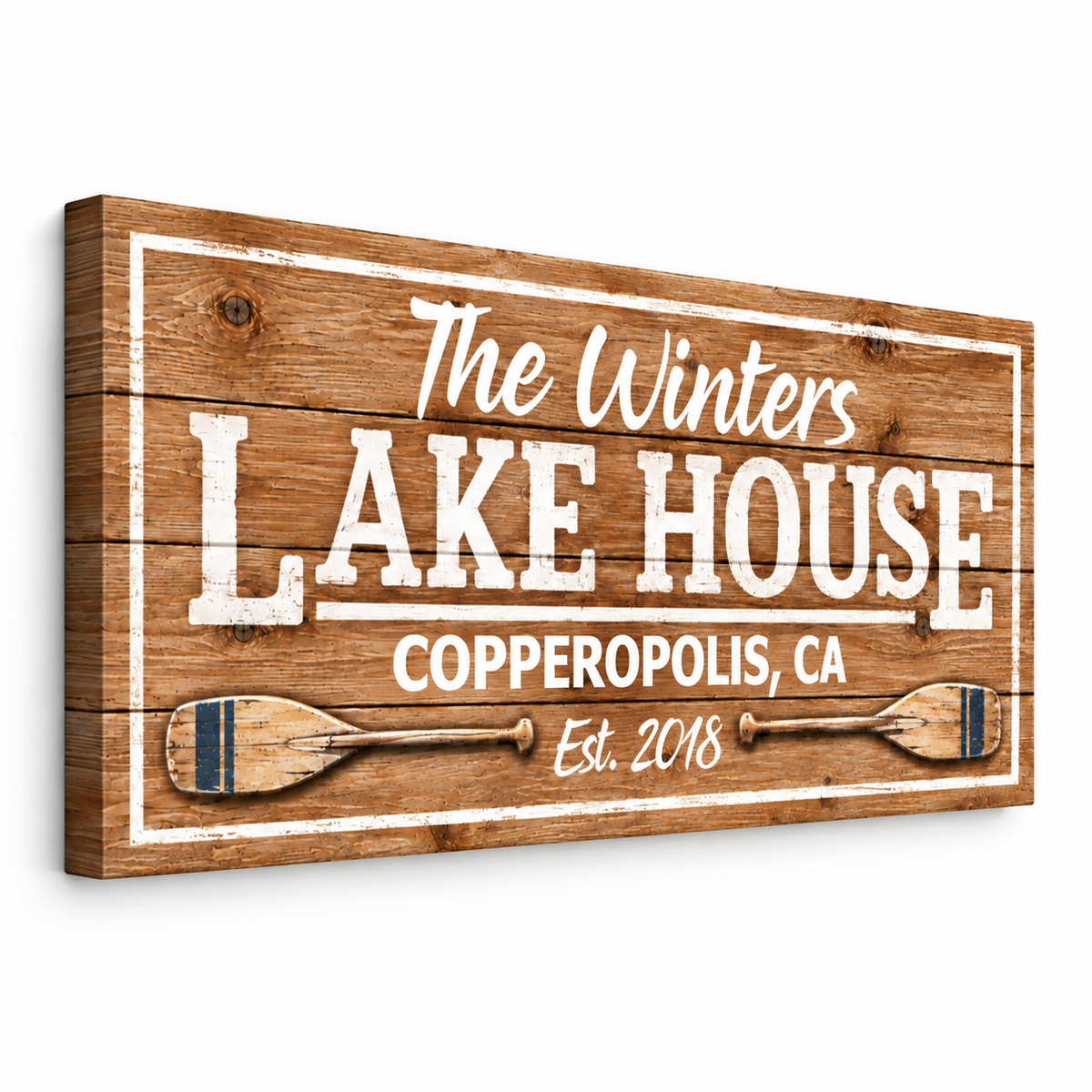 Personalized Lake House Canvas Wall Art – Custom Family Name &amp; Lake Location Sign