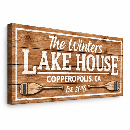 Personalized Lake House Canvas Wall Art – Custom Family Name &amp; Lake Location Sign