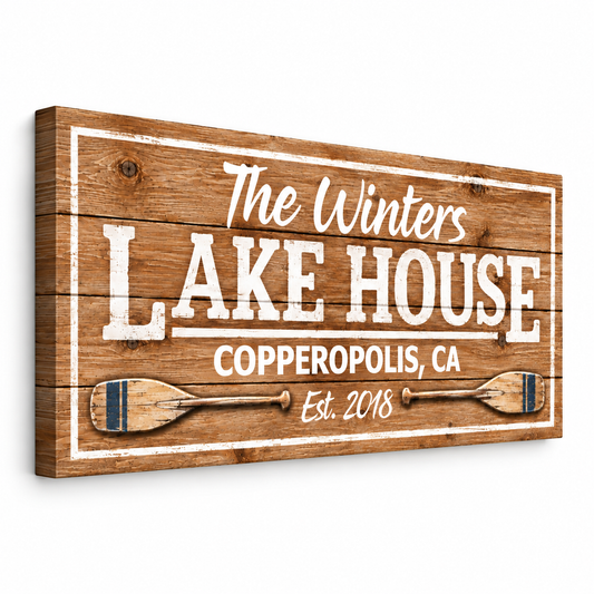 Personalized Lake House Canvas Wall Art – Custom Family Name &amp; Lake Location Sign