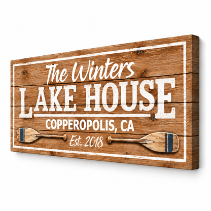 Personalized Lake House Canvas Wall Art – Custom Family Name &amp; Lake Location Sign