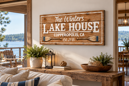 Personalized Lake House Canvas Wall Art – Custom Family Name &amp; Lake Location Sign