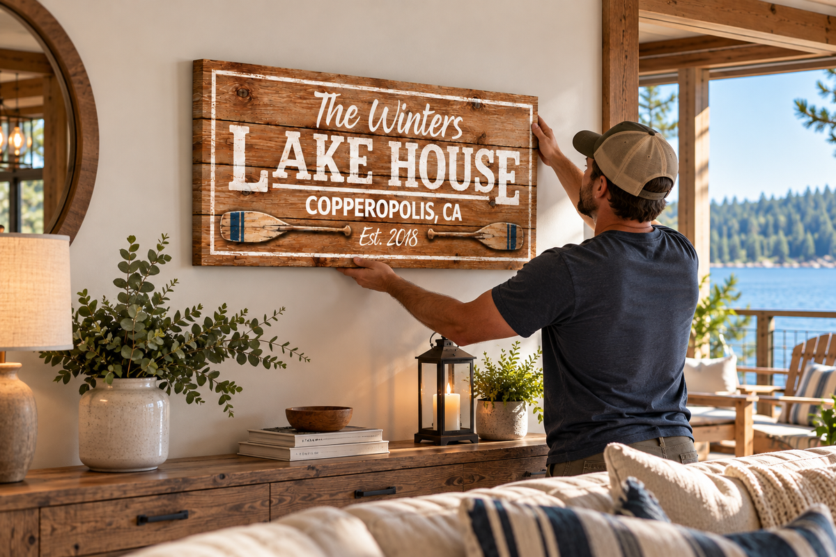 Personalized Lake House Canvas Wall Art – Custom Family Name &amp; Lake Location Sign