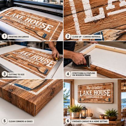 Personalized Lake House Canvas Wall Art – Custom Family Name &amp; Lake Location Sign