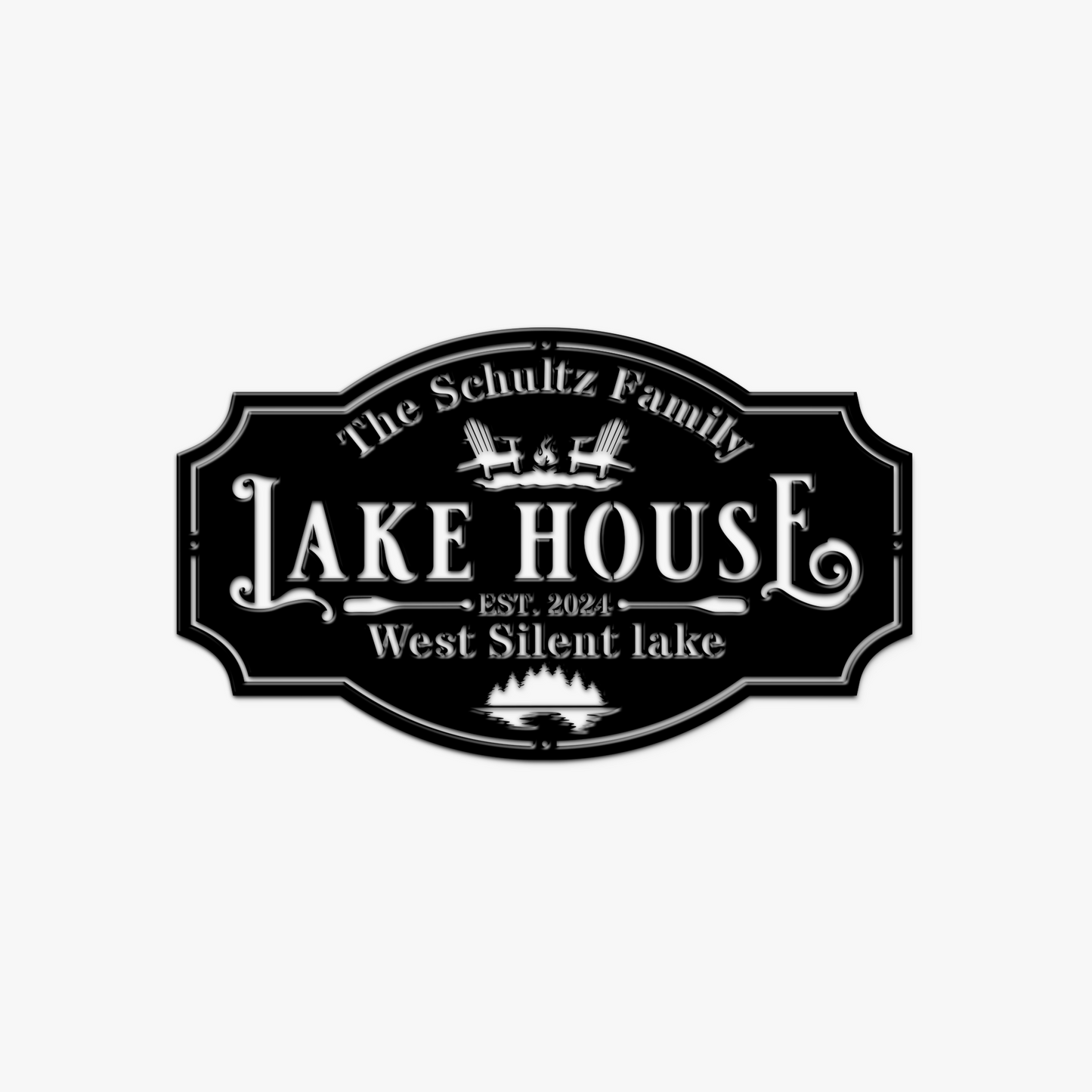 Black and white sign for 'Lake House' with family name and establishment year on a white background