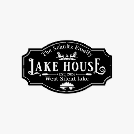 Black and white sign for 'Lake House' with family name and establishment year on a white background
