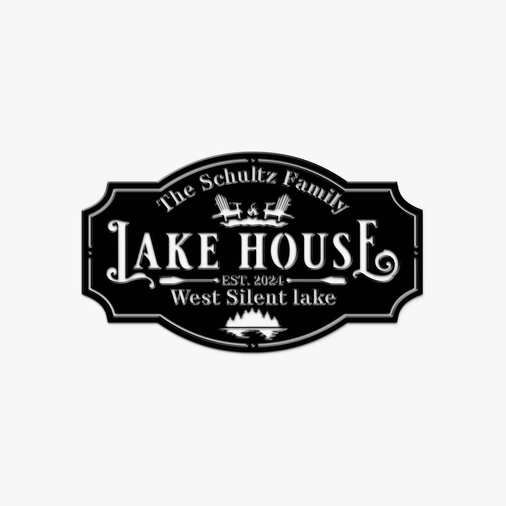 Black and white sign for 'Lake House' with family name and establishment year on a white background
