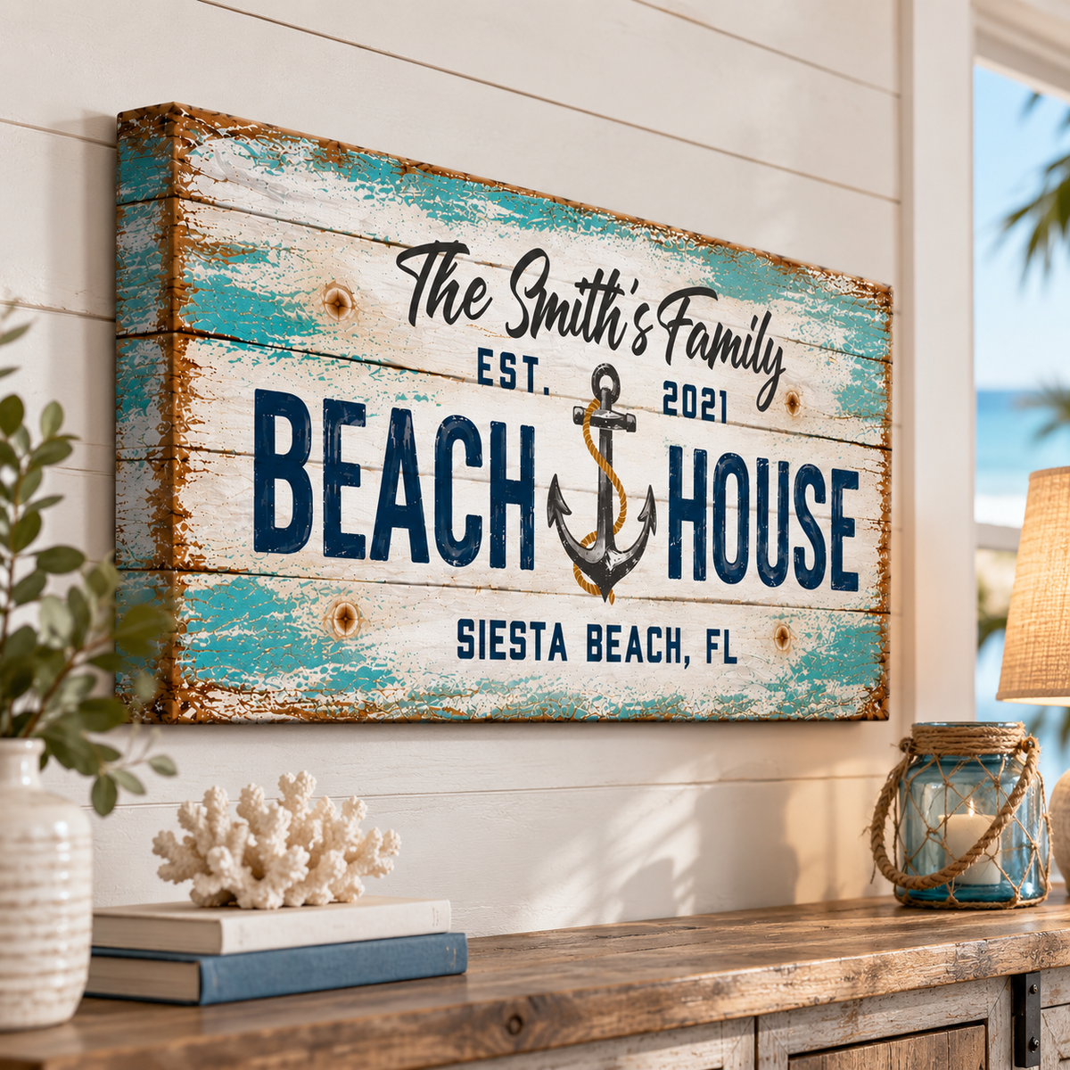 Personalized Beach House Canvas Print – Custom Coastal Family Sign