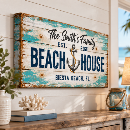 Personalized Beach House Canvas Print – Custom Coastal Family Sign