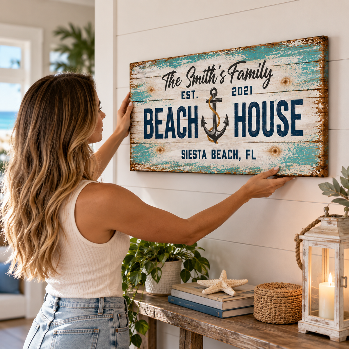 Personalized Beach House Canvas Print – Custom Coastal Family Sign